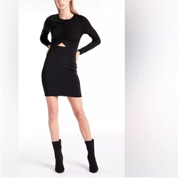 EXPRESS Black Fitted Long Sleeve Cutout Dress Bodycon Ruched Size‎ XS Large New - Picture 11 of 11